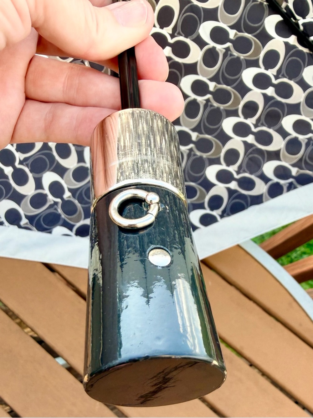 Coach Signature Monogram Compact Umbrella Black, White & Grey - Picture 6 of 10